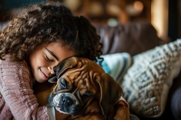 A young girl cuddles a companion dog on a sofa for comfort