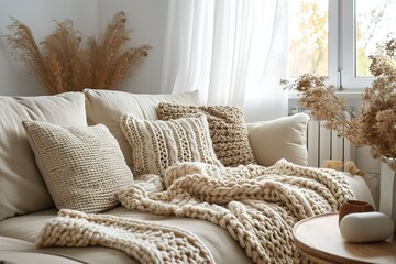 Cozy living room interior with beige sofa, knitted blanket and cushions