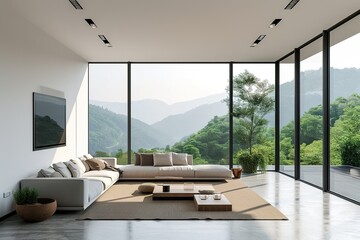 Contemporary living room interior with white wall and panoramic window