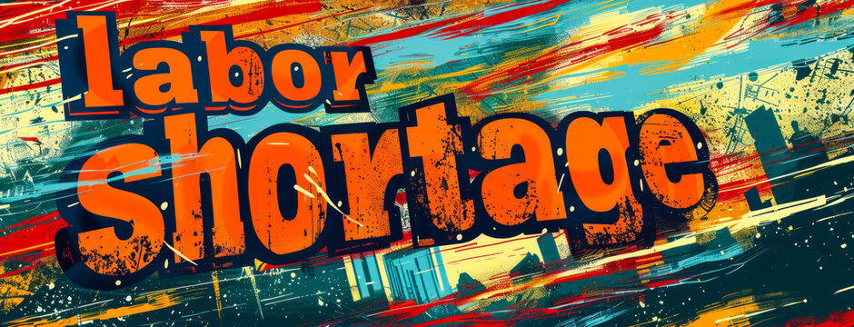 Bold graphic design highlighting the pressing issue of labor shortage with stark contrast and dynamic lines, indicative of economic challenges and employment crisis