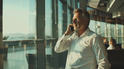 A businessman wearing a white shirt is seen standing at the airport, looking out of the window while talking on a mobile phone, bathed in sunlight