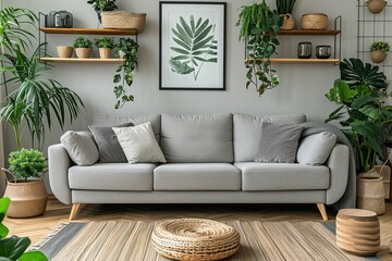 Elegant living room interior with a grey sofa, wooden shelves, plants and paintings on the wall
