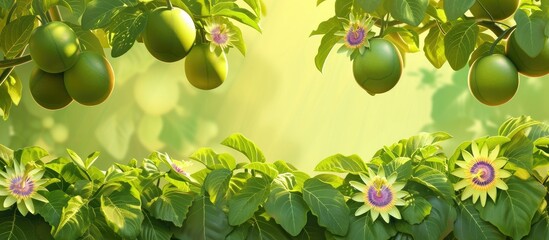A cluster of green passion fruit hangs from a tree in a summer orchard. The fruit is maturing, ready to be picked and enjoyed.