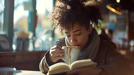 Jovem mulher desfrutando de um momento aconchegante em um café lendo e apreciando uma bebida quente com luz natural suave - obrazy, fototapety, plakaty