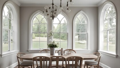 White dining room corner with arched windows