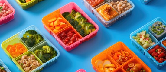 A table is covered with different plastic containers, each filled with a variety of tasty meals. The food items offer a visual feast of colors and textures against a blue backdrop.