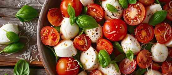 A top view of a bowl filled with fresh mozzarella cheese and ripe red tomatoes, a traditional Italian salad topped with basil leaves. - obrazy, fototapety, plakaty