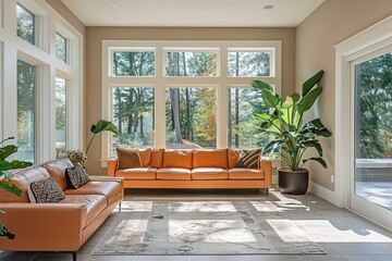 Large and open living room den sun room with windows on two sides and lots of natural light flowing in. There is a window seat on one side and a leather couch and plant on the other.