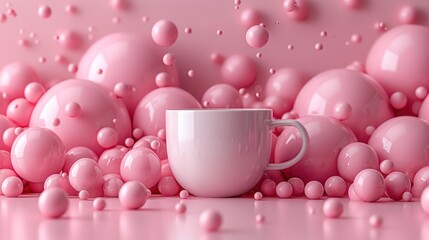 Image of a coffee cup sitting on top of a table next to a pile of pink balls on a pink background with drops of water on the surface. printed on Printed Glass Basin Splashbacks