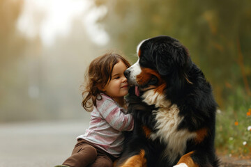 a little girl is hugging a large dog