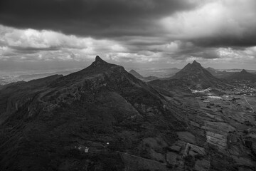 Mauritius Aerial Le Pouce Mountain Peak in the Moka Range with Storm Clouds Black and White Landscape