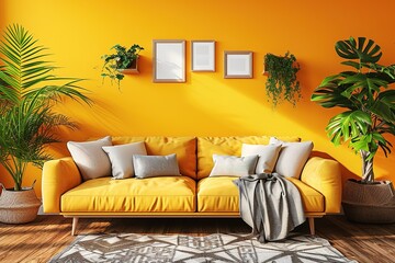 Living room interior. Wall mockup. Wall art. 3d rendering, 3d illustration.