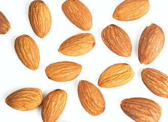 Fresh healthy almond nuts on white background.