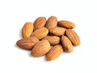 Fresh healthy almond nuts on white background.
