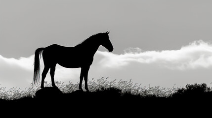 Obraz na płótnie Canvas a black and white photo of a horse standing on top of a hill with a cloudy sky in the background.