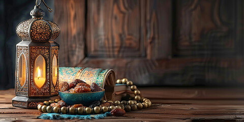 Ramadan and Eid al fitr concept. Traditional lantern, dates fruit, rosary beads - 745375697