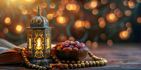 Ramadan and Eid al fitr concept. Traditional lantern, dates fruit, rosary beads - 745375892