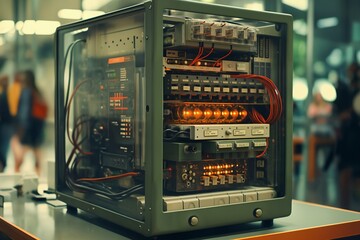 retro electronic device for industrial and scientific research and measurements, a close-up object in interior of expocenter - obrazy, fototapety, plakaty
