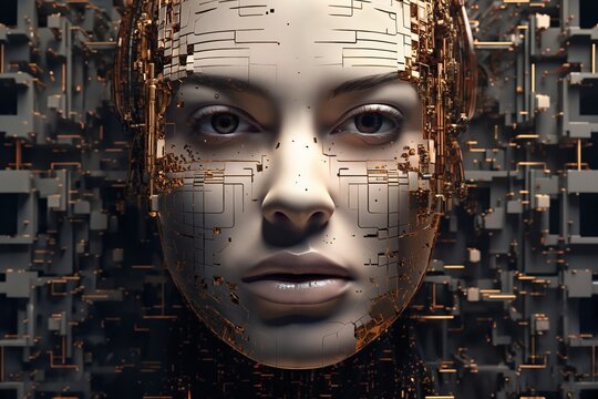 face of female android bio robot, close portrait, concept of cybernetics and biomechanics and robotics of future