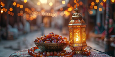 Ramadan and Eid al fitr concept. Traditional lantern, dates fruit, rosary beads - 745376010