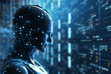 digital computer robot android in a space of holographic elements and lights, abstract background, cyber future, digital art concept