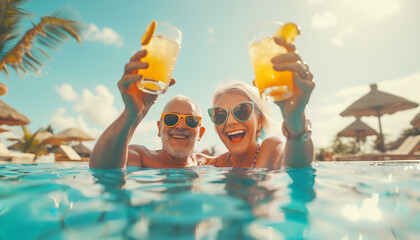 Elderly grey-haired couple cheerful laughing while they rise up alcoholic cocktails with orange juice in swimming pool during summertime exotic vacation together Happiness of senior retirement concept - obrazy, fototapety, plakaty