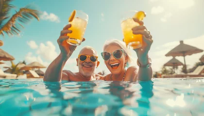 Fotobehang Elderly grey-haired couple cheerful laughing while they rise up alcoholic cocktails with orange juice in swimming pool during summertime exotic vacation together Happiness of senior retirement concept © Soloviova Liudmyla