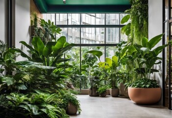 Fototapeta na wymiar illustration, transforming living spaces into verdant urban jungles filled variety indoor plants, houseplant, greenery, foliage, green, nature, horticulture, cultivation