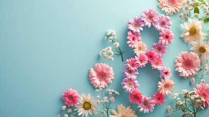 The number 8 consists flowers with space for text on white background	

