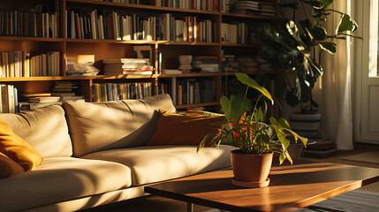 Um espaço aconchegante e iluminado apresentando um sofá confortável mesa de café planta e estante de livros - obrazy, fototapety, plakaty