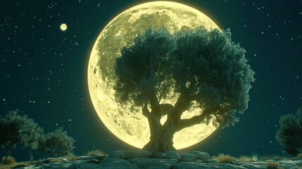 a tree in the middle of the night with a full moon in the back ground and stars in the sky.