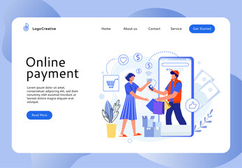 Online shopping landing page. Woman ordering products and paying in internet . E-commerce advertising