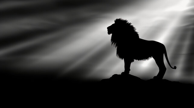 a black and white photo of a lion standing on a hill with the sun shining through the clouds behind it.
