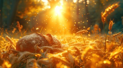 a rock in the middle of a field of grass with the sun shining through the trees and grass blowing in the wind.