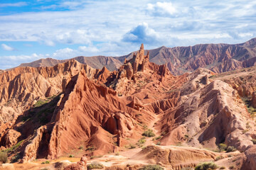 landscape of Skazka canyon on Issyk-Kul lake. Rocks Fairy Tale famous destination in Kyrgyzstan. Mountain like great wall of china and Rainbow Mountains of Danxia or Antelope crevice USA. Central Asia