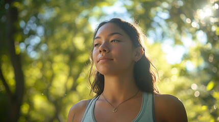 A jovem praticando yoga serenamente ao nascer do sol em uma praia focando em sua expressão tranquila - obrazy, fototapety, plakaty