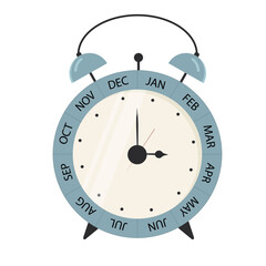 blue alarm-clock with 12 months. Annual clock. annual meeting. Retro style. for meeting, appointment or business. time management concept. planning - stock vector