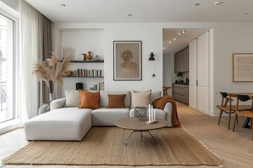 Modern scandianvian living room with design sofa with elegant blanket, coffee table and bookstand on the white wall. Brown wooden parquet. Concept of minimalistic interior. View on dining room.