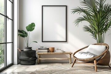 Modern scandinavian living room interior with black mock up poster frame, design commode, leaf in vase, black rattan basket, books and elegant accessories. Template. Stylish home decor.