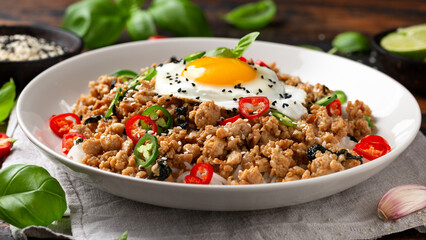 Pad Krapow Gai, Thai Basil Chicken with rice and fried egg