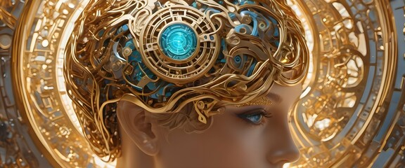 Female android head with gold and turquoise headdress, electronic brain of the future goddess