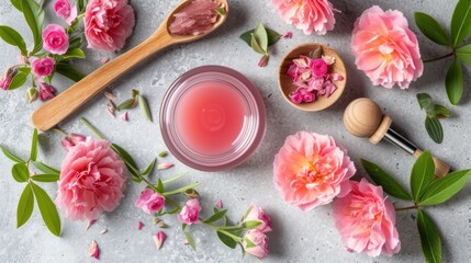 a jar of lip balm next to a spoon of lip balm next to pink flowers on a gray surface.