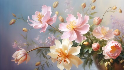 Fototapeta na wymiar Beautiful bouquet flowers oil painting. Decorative background.