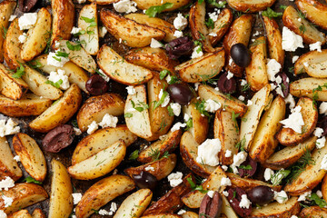 Greek fried potatoes with feta cheese, kalamata olives, parsley and dill