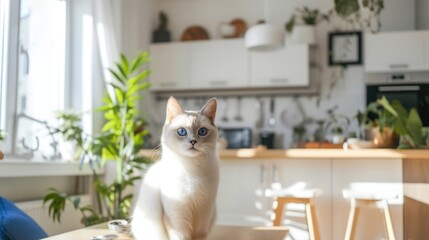 Home with minimalist design with white color and wood, kitchen, with cute cat with white color and blue eye - obrazy, fototapety, plakaty