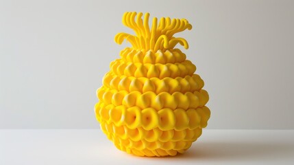 a yellow pineapple sculpture sitting on top of a white table next to a white wall with a white wall in the background.