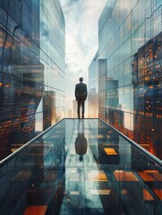 Obraz premium businessman on a glass building with skyline in the background. 