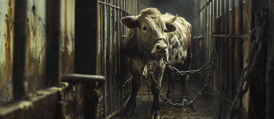 A cow stands inside a small enclosed area, possibly a part of a factory farm, where they are confined and exploited for milk production. The cow appears to be restricted in movement due to the caged