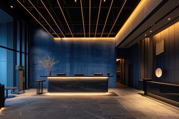 Reception area at a modern hotel has a large light, in the style of shodo,in the style of light blue and dark gray, subtle lighting - Powered by Adobe
