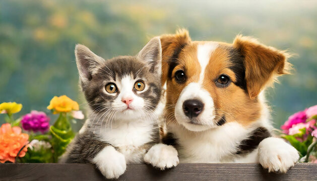 A dog and cat cuddling. pet. family. An image of a friendly dog and cat.